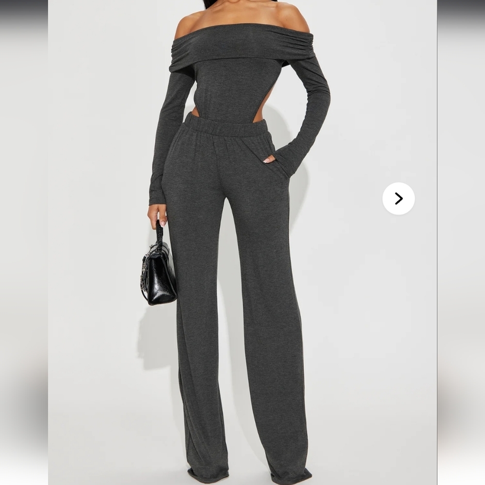 Fashion Nova 2 Peice Set Charcoal Off-Shoulder Cutout Bobysuit With Jogger Pants